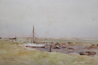 Arthur John Trevor Briscoe, watercolour, coastal scene with beached fishing boats, ' Morston ',