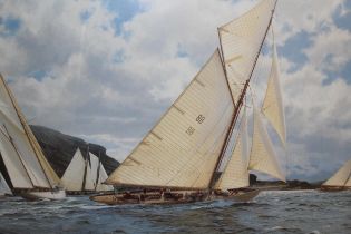 J. Stephen Dews, signed coloured print, J-Class yachts racing off a coastline, 19.75ins x 30ins