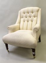 Pair of modern button upholstered square tub shaped armchairs, on turned tapering supports with