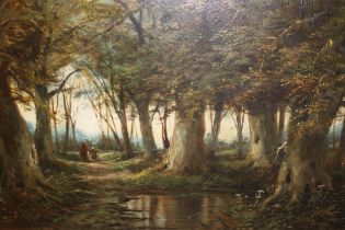 Pair of early 20th Century oil paintings on canvas, woodland scenes with figures, one indistinctly