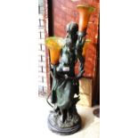 Reproduction dark patinated bronze figural table lamp with three colour flecked glass shades, 83cm