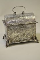 17th Century style Dutch silver marriage casket, the hinged dome lid with loop handle above winged