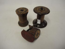19th Century Tunbridge ware pin cushion table clamp, together with two 19th Century Tunbridge ware