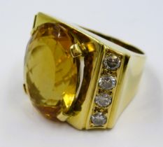 Large unmarked high carat yellow metal citrine and diamond ring, the centre stone approximately 20 x