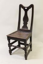 Pair of 18th Century oak side chairs, the vase shaped splat backs above panel seats and turned