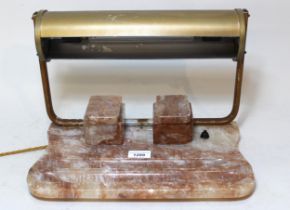 Art Deco gilt metal and alabaster inkstand, 37cm wide