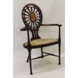 Sheraton Revival wheelback armchair with satinwood and fan inlay and shaped arms and seat, raised on