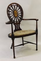 Sheraton Revival wheelback armchair with satinwood and fan inlay and shaped arms and seat, raised on