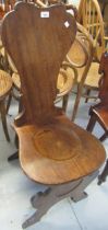 19th Century mahogany hall chair with a shaped panel back and seat on shaped supports with stretcher