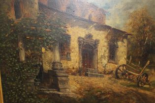 Robert Alott, oil on panel, view of a Continental villa with a two wheeled cart to the foreground,