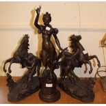 Patinated spelter figure of a standing female, 57cm together with a pair of dark patinated spelter