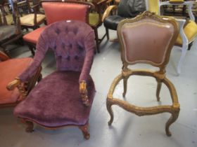 19th Century walnut drawing room armchair having a button upholstered back, barley twist arm