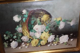 Oil on canvas, still life of white and yellow roses, signed Filipe, 54 x 82cm, gilt framed, together