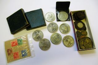 Two Festival of Britain coins in original boxes, various commemorative crowns and other coins, and a