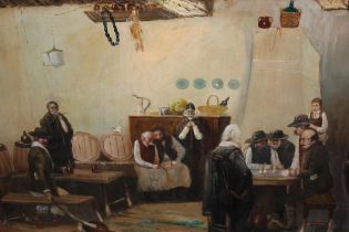 Mid 20th Century Continental oil on canvas, figures in an inn interior, 64 x 81cm, gilt framed,