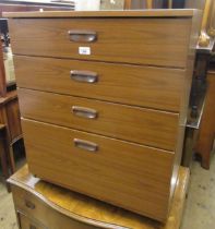 Schreiber teak four drawer bedside chest with flush moulded handles, 74cm high x 61cm wide x 43cm