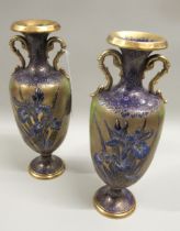 Pair of early 20th Century Carlton Ware floral decorated two handled vases in blue and gilt, 31cm