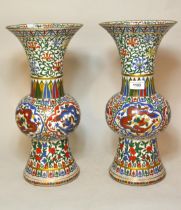 Pair of large Chinese cloisonne baluster form flared rim vases, with dragon and floral decoration,