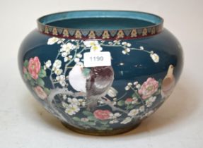 Japanese cloisonne jardiniere decorated with doves in foliage, 11.5ins diameter x 7.5ins high Does