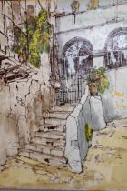 Bernard Dufour, oil on canvas, view of stone steps, signed, 46 x 37cm, unframed together with an oil