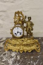 19th Century French gilded spelter figural mantel clock, the enamel dial with Roman numerals and two
