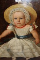 19th Century naive school oil on board, full length portrait of a baby in a dress, signed R.H.C.