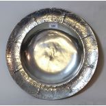 Kayserzinn silvered pewter charger, the border relief decorated with butterflies, 39.5cm diameter