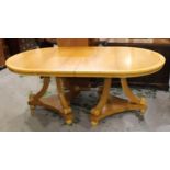Mid to late 20th Century honey oak and sycamore crossbanded twin pedestal D-end dining table, raised