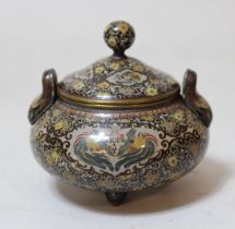 Small late 19th Century Japanese Meiji period cloisonne vase and cover of squat baluster two handled