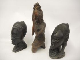 Three African hardwood carved busts