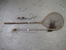 Two vintage landing nets (one by Hardy), a line winder and sundries