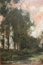 Charles Lebay, oil on board, wooded scene at sunset, signed and dated 1923, 45 x 30cm, in a gilded