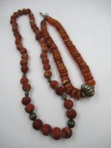 Carnelian and white metal bead necklace together with a bloodstone and white metal bead necklace