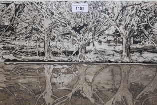 Glynn Thomas, artist signed proof etching, pollarded willows, 30 x 60cm, framed