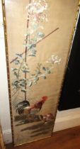 Japanese silkwork picture depicting poultry in foliage, in a simulated bamboo gilt frame, 143 x 38cm