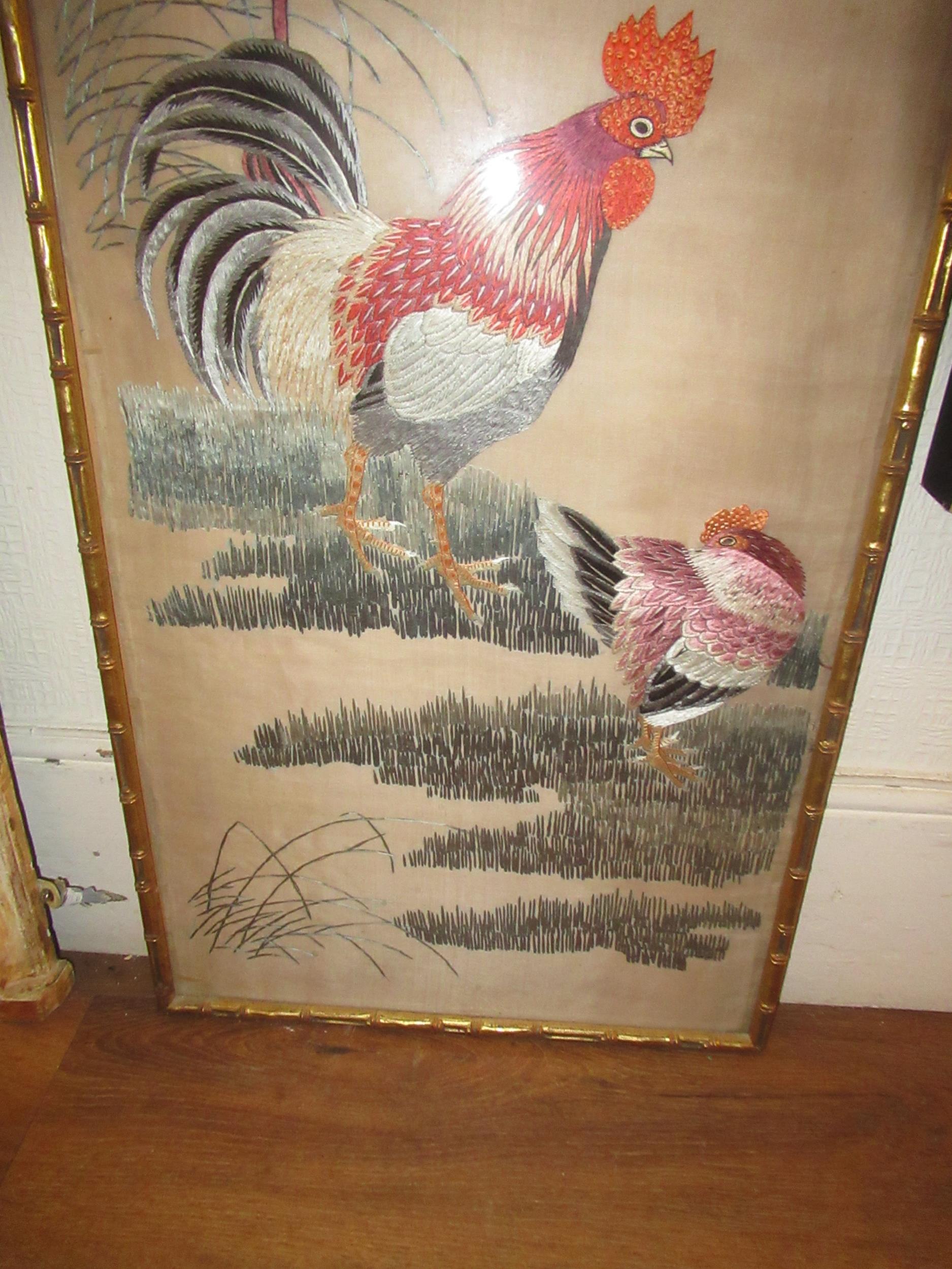 Japanese silkwork picture depicting poultry in foliage, in a simulated bamboo gilt frame, 143 x 38cm - Image 6 of 10
