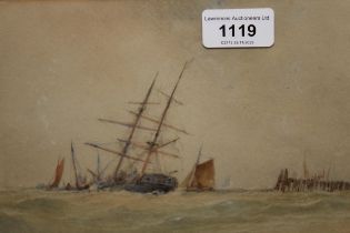 Watercolour, various sailing vessels off a wooden jetty, attributed verso to Thomas Bush Hardy, 6ins
