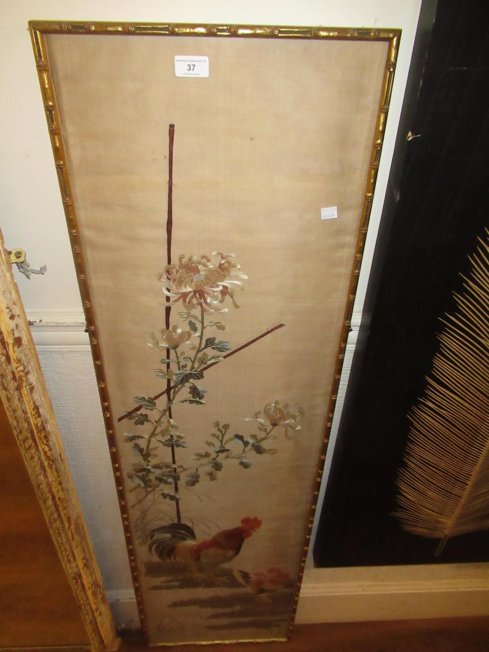 Japanese silkwork picture depicting poultry in foliage, in a simulated bamboo gilt frame, 143 x 38cm - Image 2 of 10