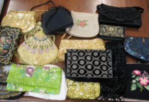 Quantity of various evening bags including beadwork, woolwork and sequinned