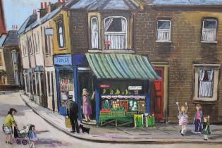 John Ash, 20th Century oil on canvas, street scene with figures before a grocer's shop, signed, 76 x