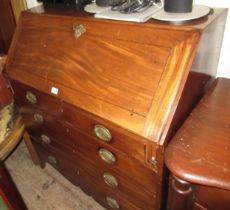 George III mahogany bureau, the fall front enclosing a fitted interior above four drawers on bracket
