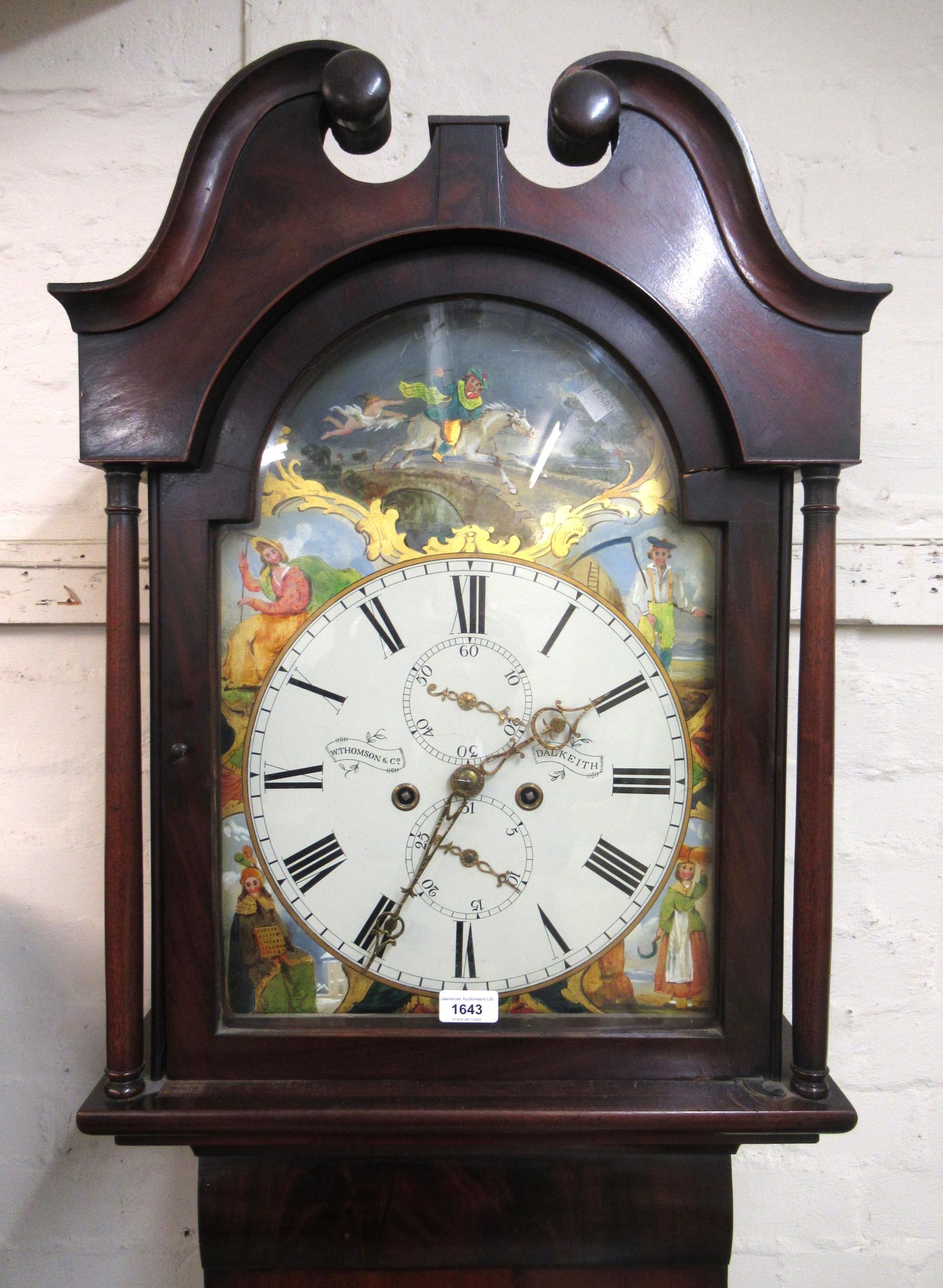 19th Century Scottish mahogany longcase clock, the arch top painted dial decorated with figures, the