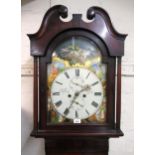 19th Century Scottish mahogany longcase clock, the arch top painted dial decorated with figures, the