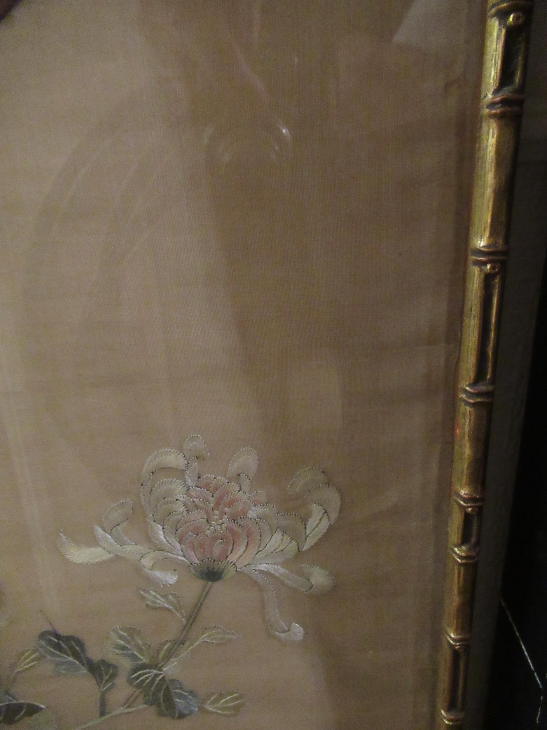 Japanese silkwork picture depicting poultry in foliage, in a simulated bamboo gilt frame, 143 x 38cm - Image 9 of 10