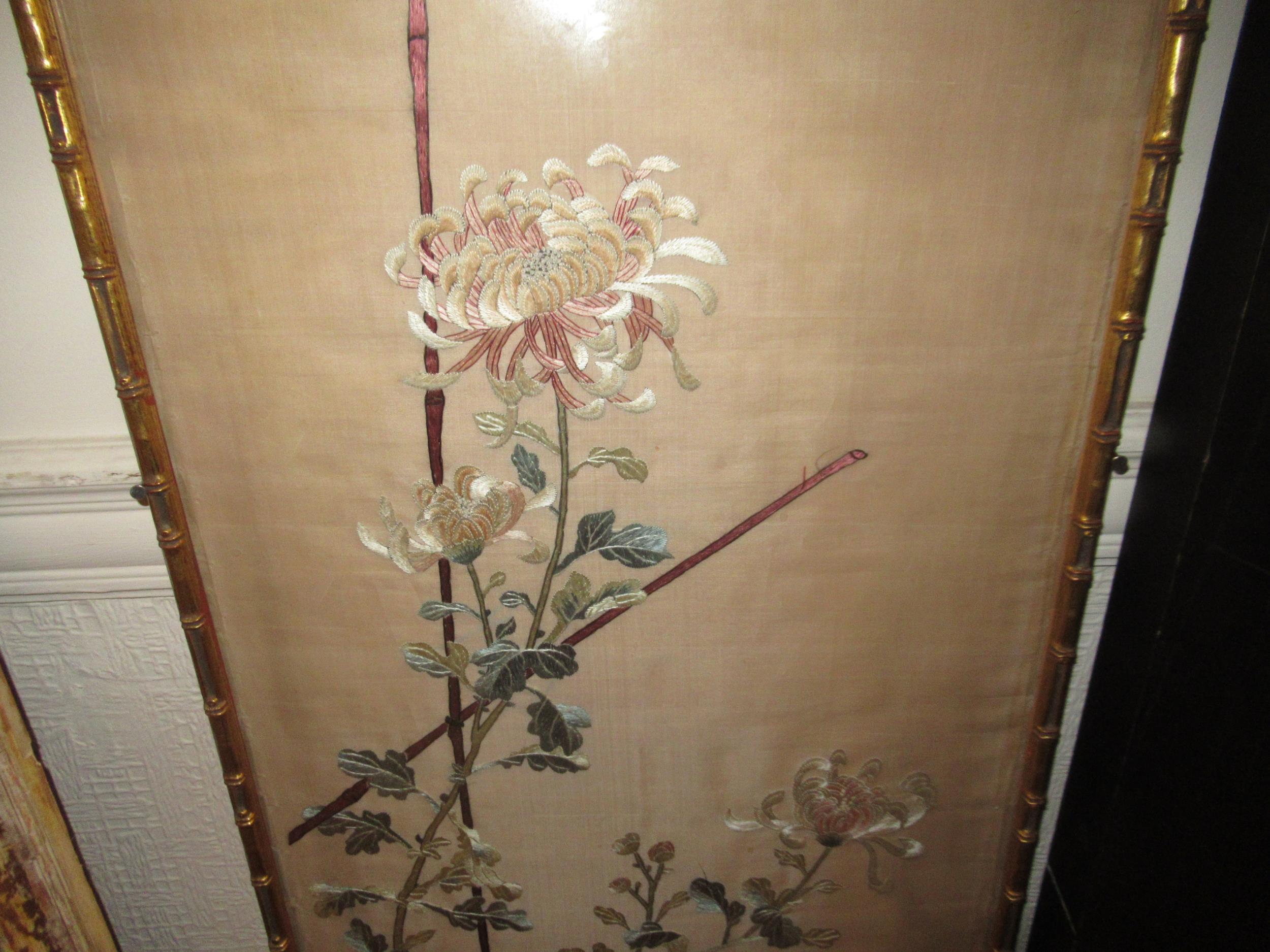 Japanese silkwork picture depicting poultry in foliage, in a simulated bamboo gilt frame, 143 x 38cm - Image 4 of 10