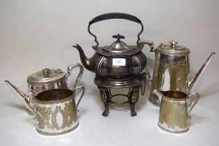 Silver plated kettle on spirit burner (lacking burner), together with a four piece Victorian