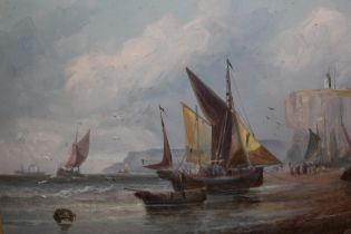 19th Century oil on board, shipping off the Kent coast with various boats and figures, attributed to