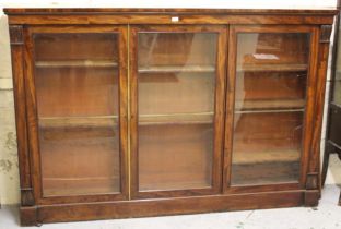 Good quality Victorian figured mahogany dwarf bookcase, the moulded top above three rectangular