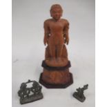 Sri Lankan carved wooden figure of standing Buddha, 22cm high overall together with two small late