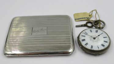 Silver cased fob watch with enamel dial, together with a Birmingham silver cigarette case